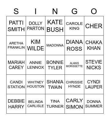 886 TOP FEMALE ARTISTS 1970-1990 Bingo Card