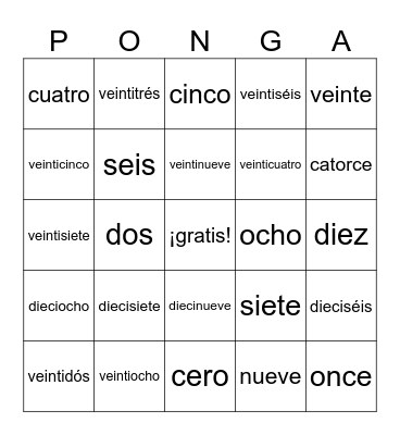 Ponga con Números 0-30 Bingo Card