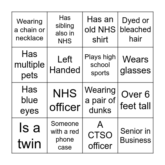 NHS Bingo! Bingo Card