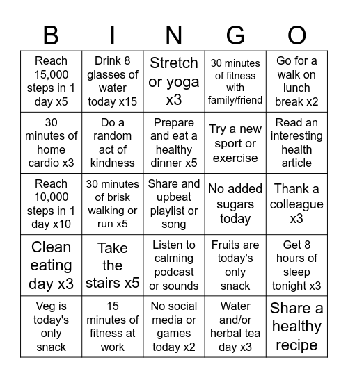 February Wellness Bingo Card