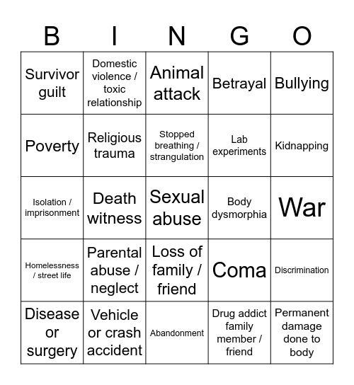 TRAUMA BINGO Card