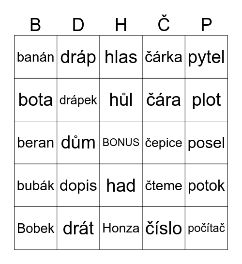 Slova do Č Bingo Card