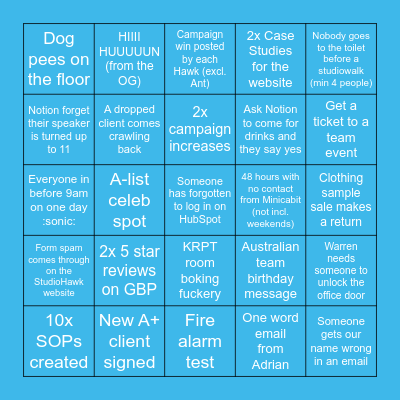 StudioHawk February 2023 Bingo Card