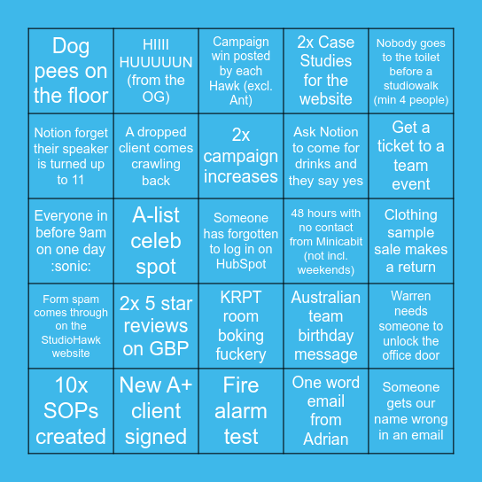 StudioHawk February 2023 Bingo Card