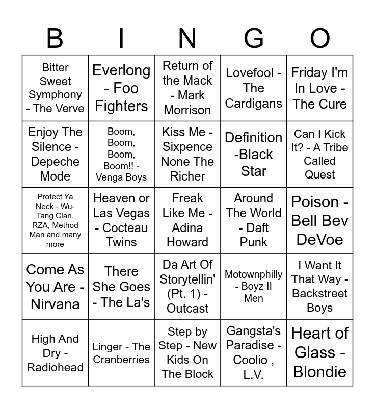 Throw Me Back 1990 2000 Bingo Card