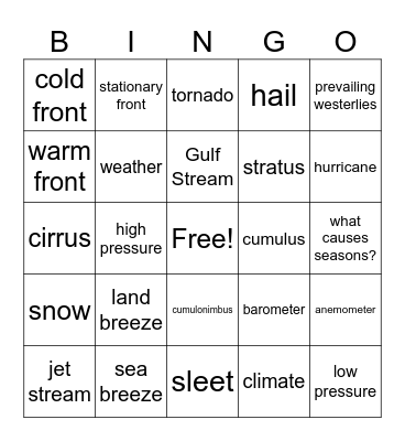 Weather Bingo Card