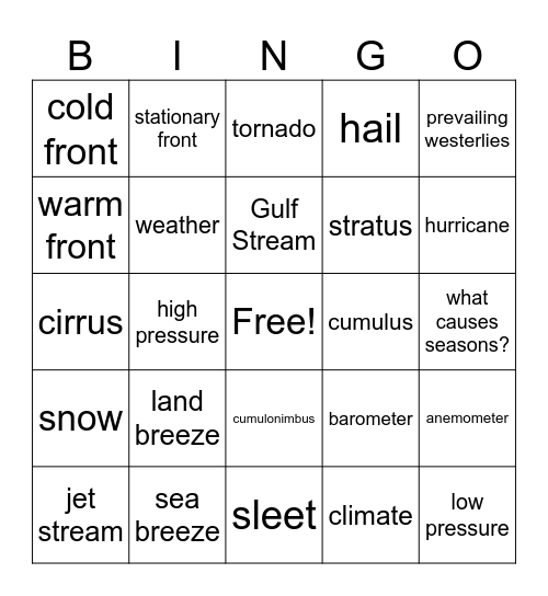 Weather Bingo Card