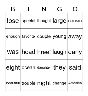 Grade 2 Bingo Card