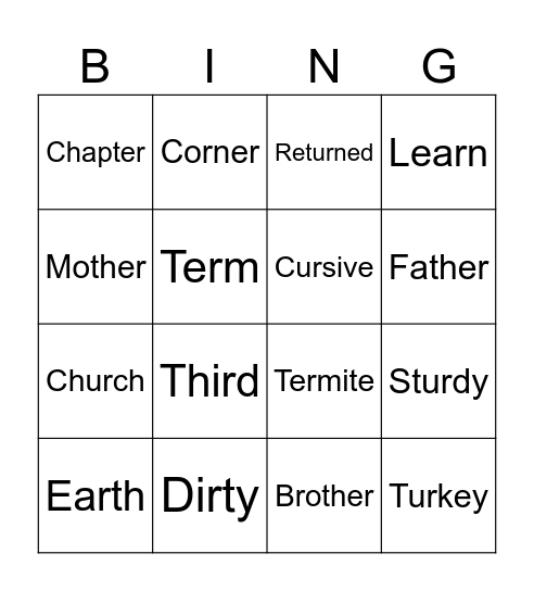 Review Words Bingo Card