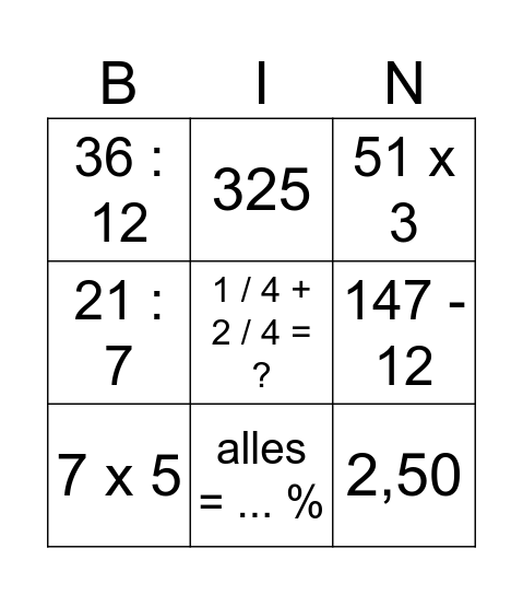 Rekenen Bingo Card