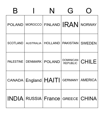 Countries Bingo Card