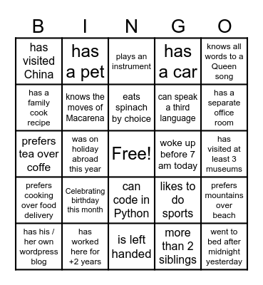 Get to know your coworker Bingo Card