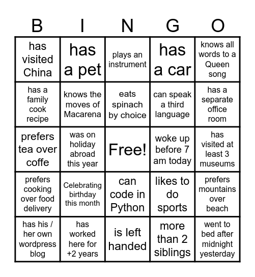 Get to know your coworker Bingo Card