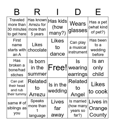 Arrezu's Bridal Shower Bingo Card