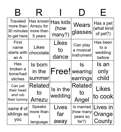 Arrezu's Bridal Shower Bingo Card