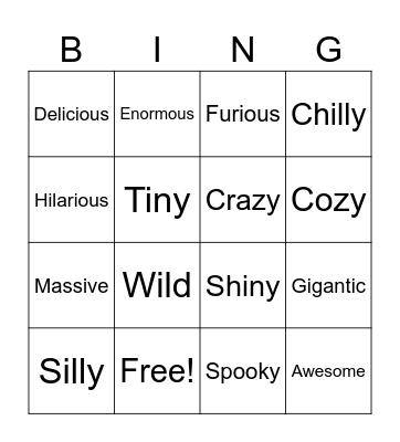 Adjectives Bingo Card