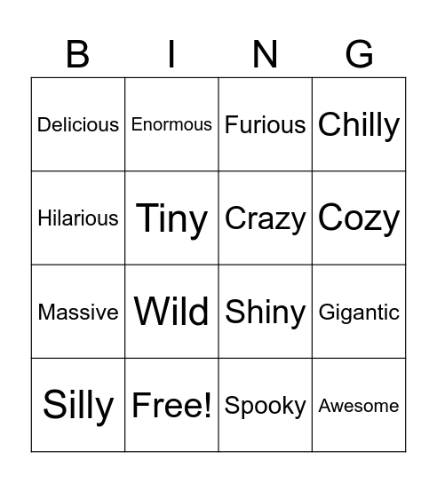 Adjectives Bingo Card