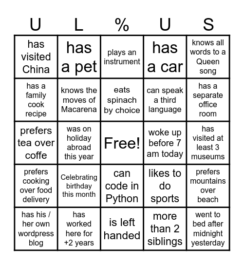 Get to know your coworker Bingo Card