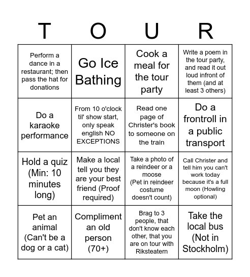 Euphoria Tour Bingo Card