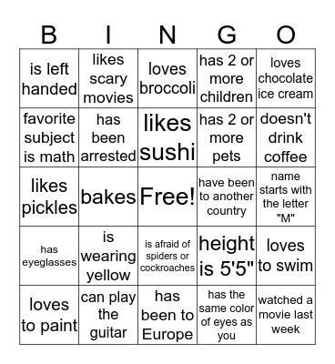 Get to know each other! Bingo Card
