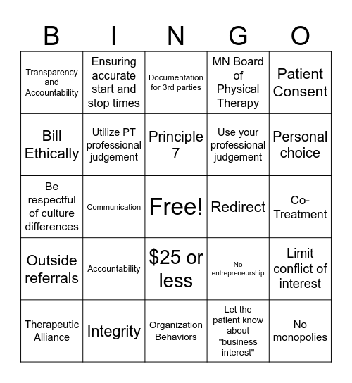 Code of Ethics Bingo Card