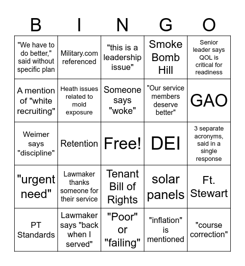 Quality of Life Hearing Bingo Card