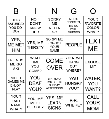 ASL 1 UNIT 5 Bingo Card