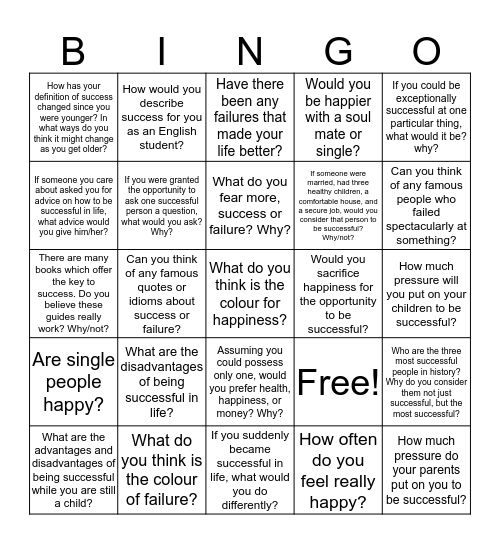 Success and Happiness Bingo Card