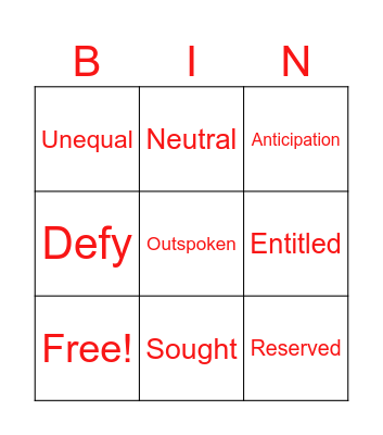 Vocabulary Bingo! Bingo Card