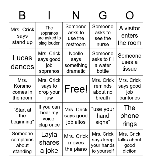 Choir Bingo Card