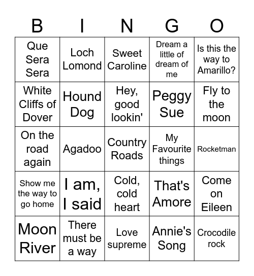 Favourite Songs Bingo Card