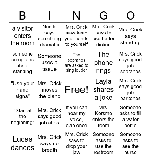 Choir Bingo Card