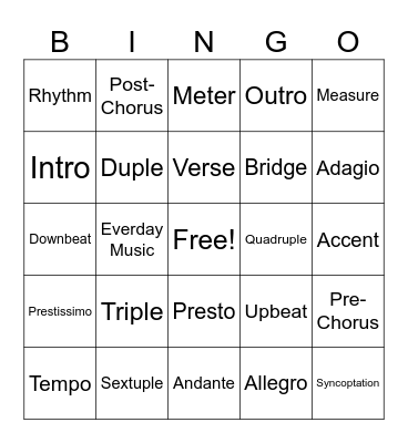 Rhythm Review Bingo Card