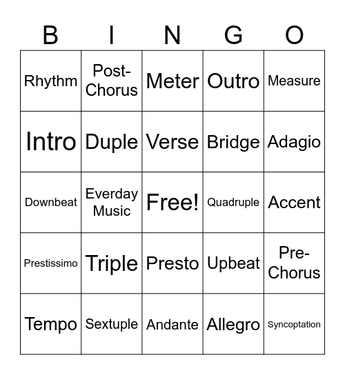 Rhythm Review Bingo Card