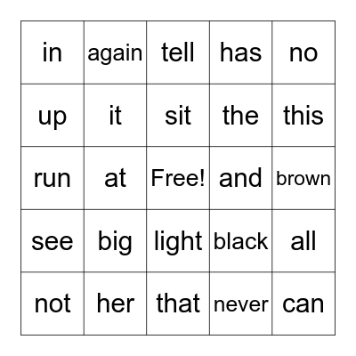 Sight Words Bingo Card