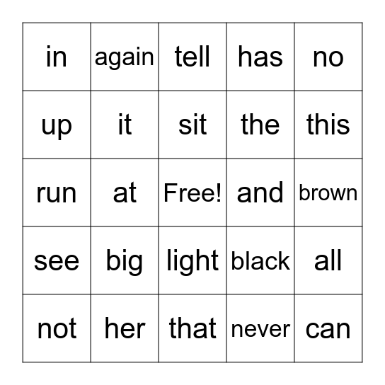 Sight Words Bingo Card