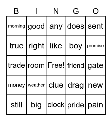 2nd grade word bingo Card