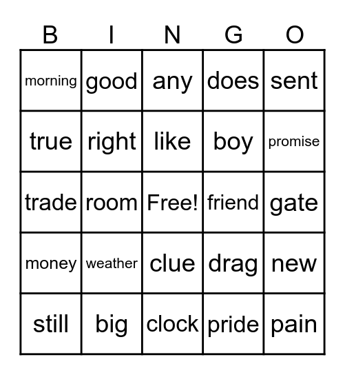 2nd grade word bingo Card