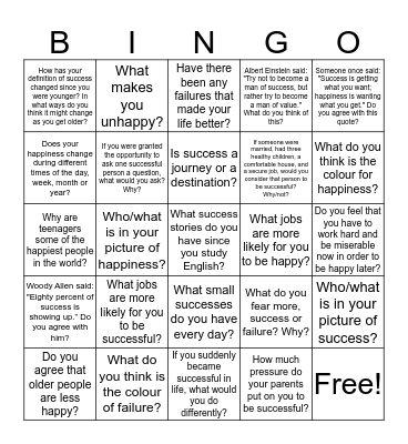 Success and Happiness 3 Bingo Card