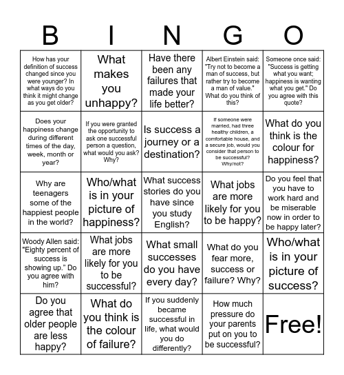 Success and Happiness 3 Bingo Card