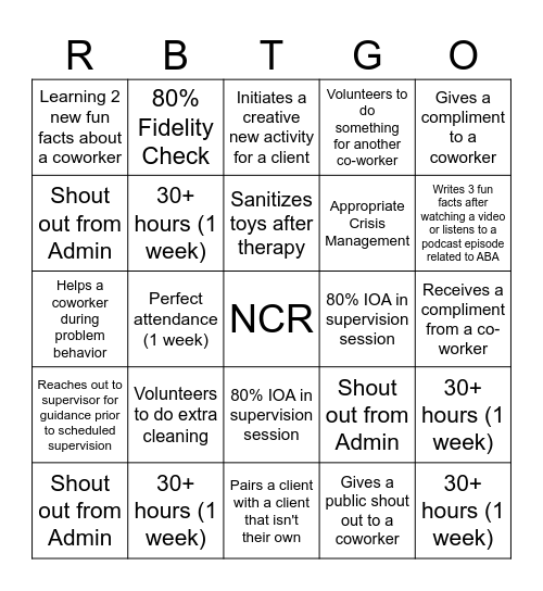 TLC RBT Bingo Card