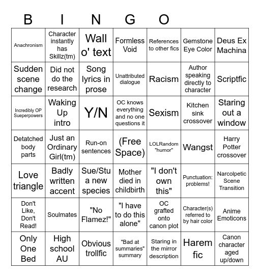 Badfic Tropes Bingo Card