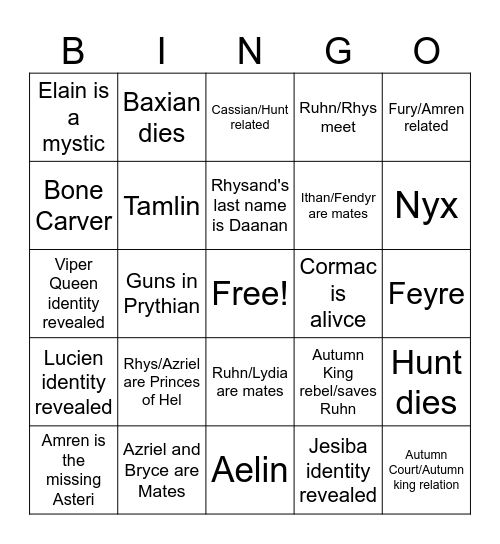 House of Flame and Shadow Bingo Card