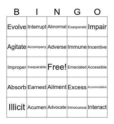 Vocabulary Review Bingo Card