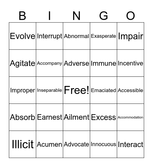 Vocabulary Review Bingo Card