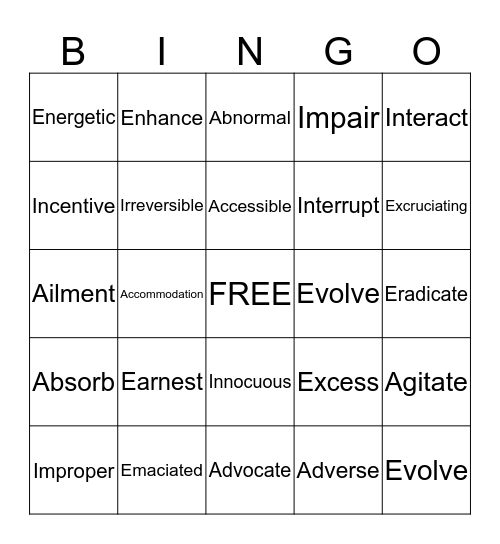 Vocabulary Review Bingo Card