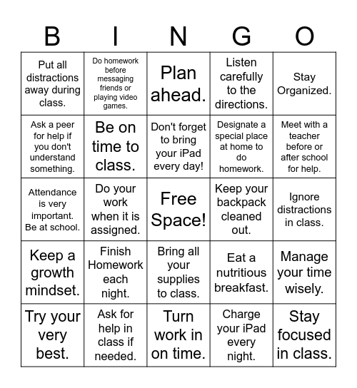 Executive Functioning Skills Bingo Card