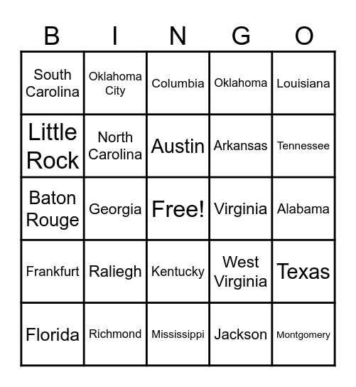 Southeast and Southwest Regions Bingo Card