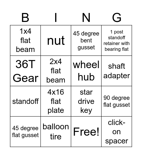 VEX EXP Parts Bingo Card