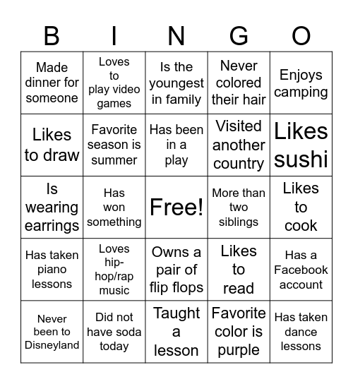 Get to Know You Bingo Card
